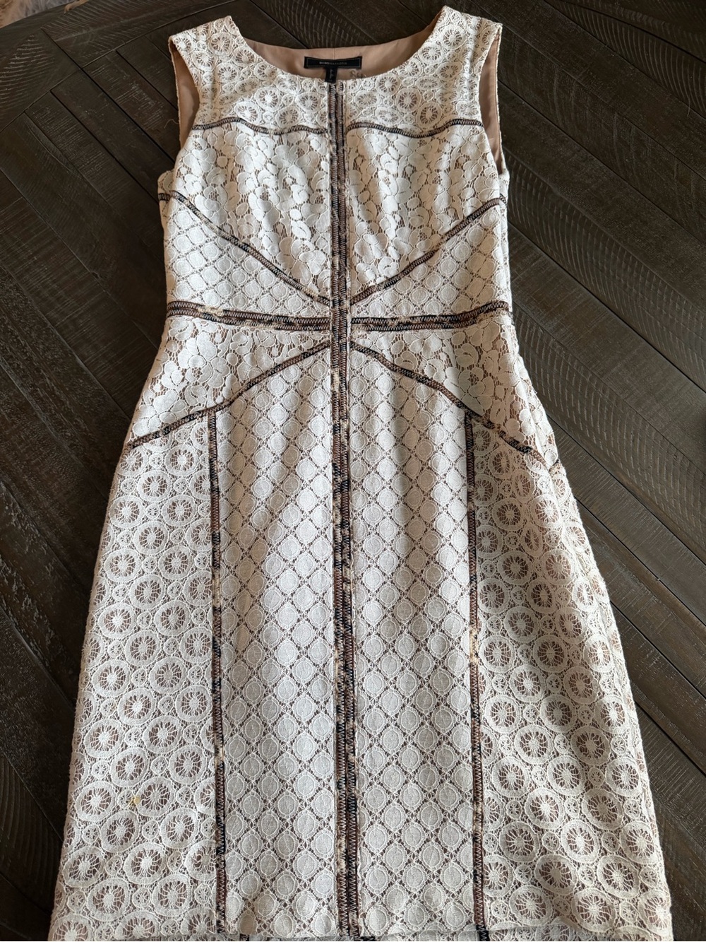 BCBGMaxAzria Cream Lace Midi Dress with Tan Trim